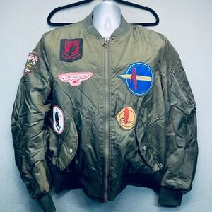 Uncle Ralph Bomber Jacket Patches Military Style Olive Green Size L